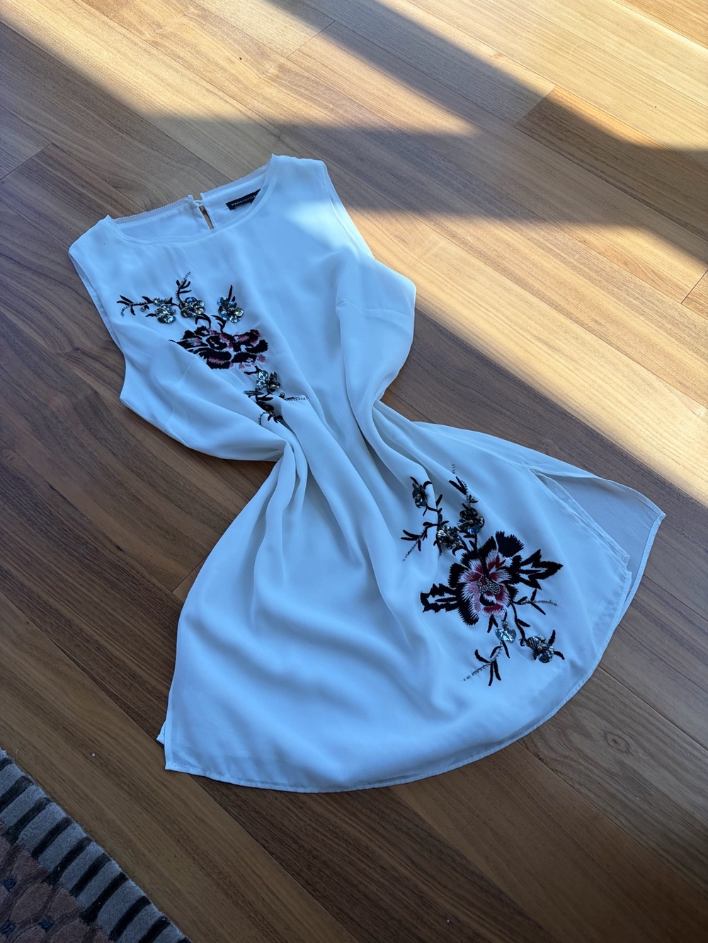 White Sleeveless Dress Top with Floral Embroidery